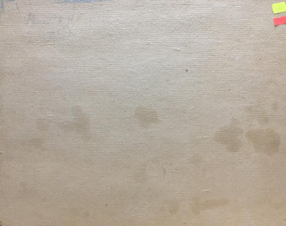 Back of Oil painting Early morning by Fomin Anatoly Nikiforovich on beige textured surface with yellow and red sticky notes