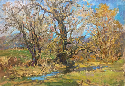 Oil painting Golden autumn by Olkhov Vladimir: gnarled trees in autumn hues