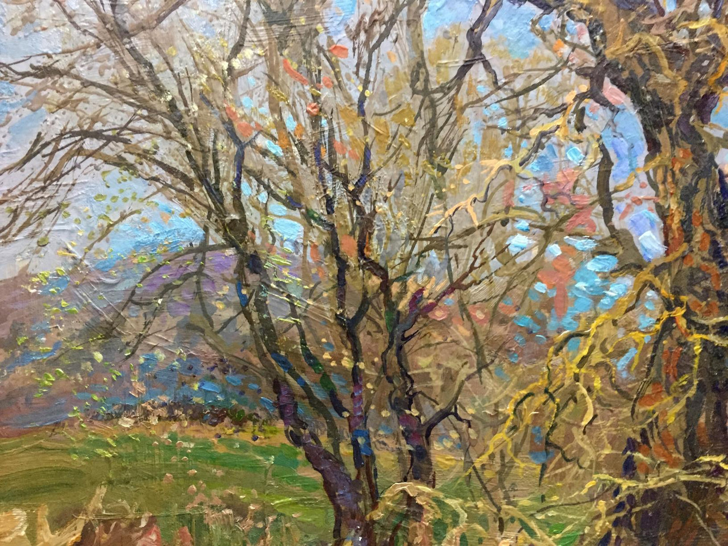 Vibrant impressionist oil painting Golden autumn Olkhov Vladimir bare branches colorful sky