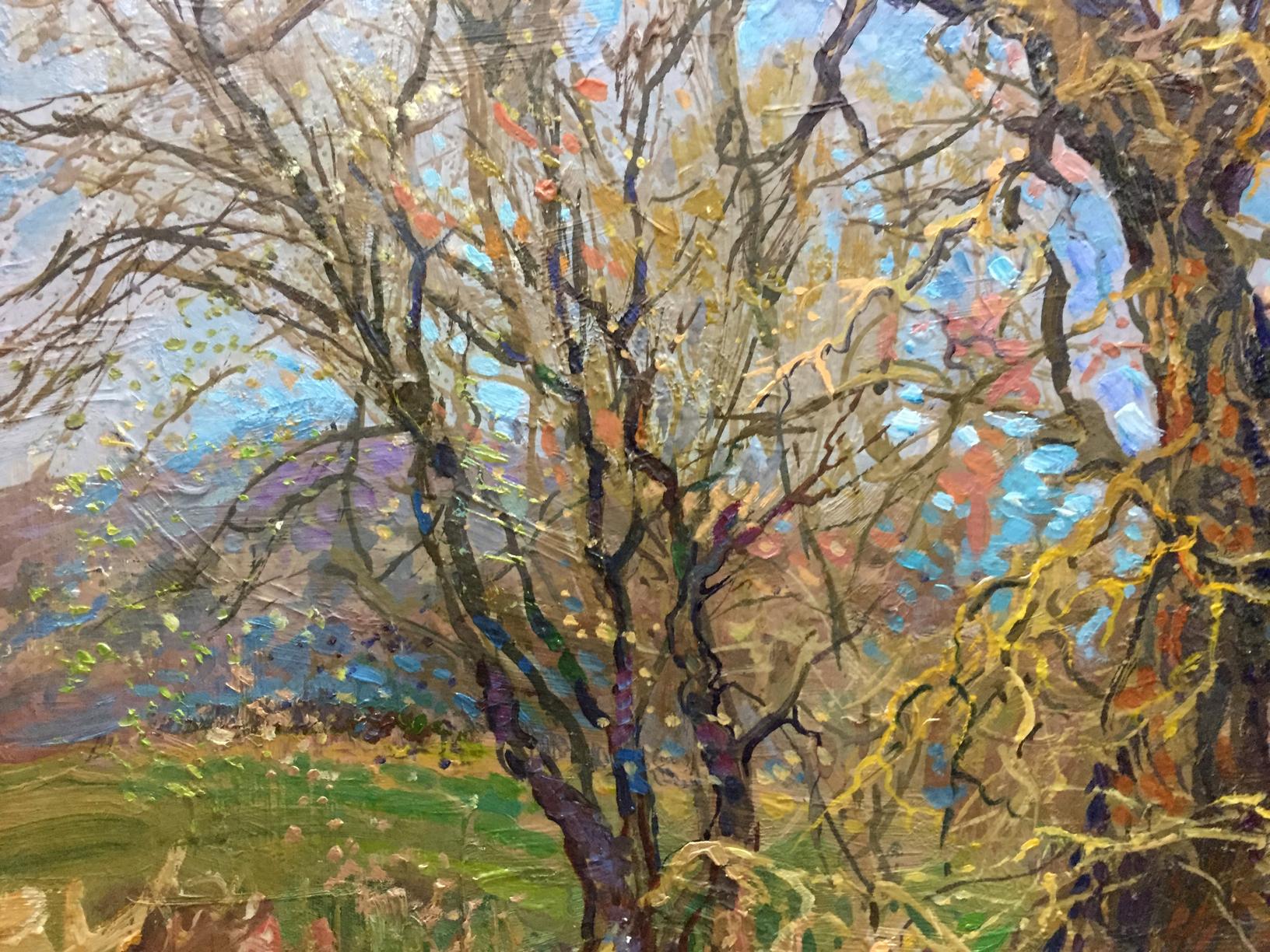 Vibrant impressionist oil painting Golden autumn Olkhov Vladimir bare branches colorful sky