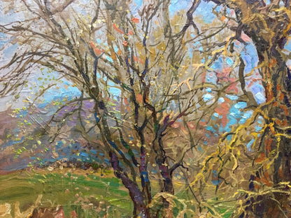 Vibrant impressionist oil painting Golden autumn Olkhov Vladimir bare branches colorful sky