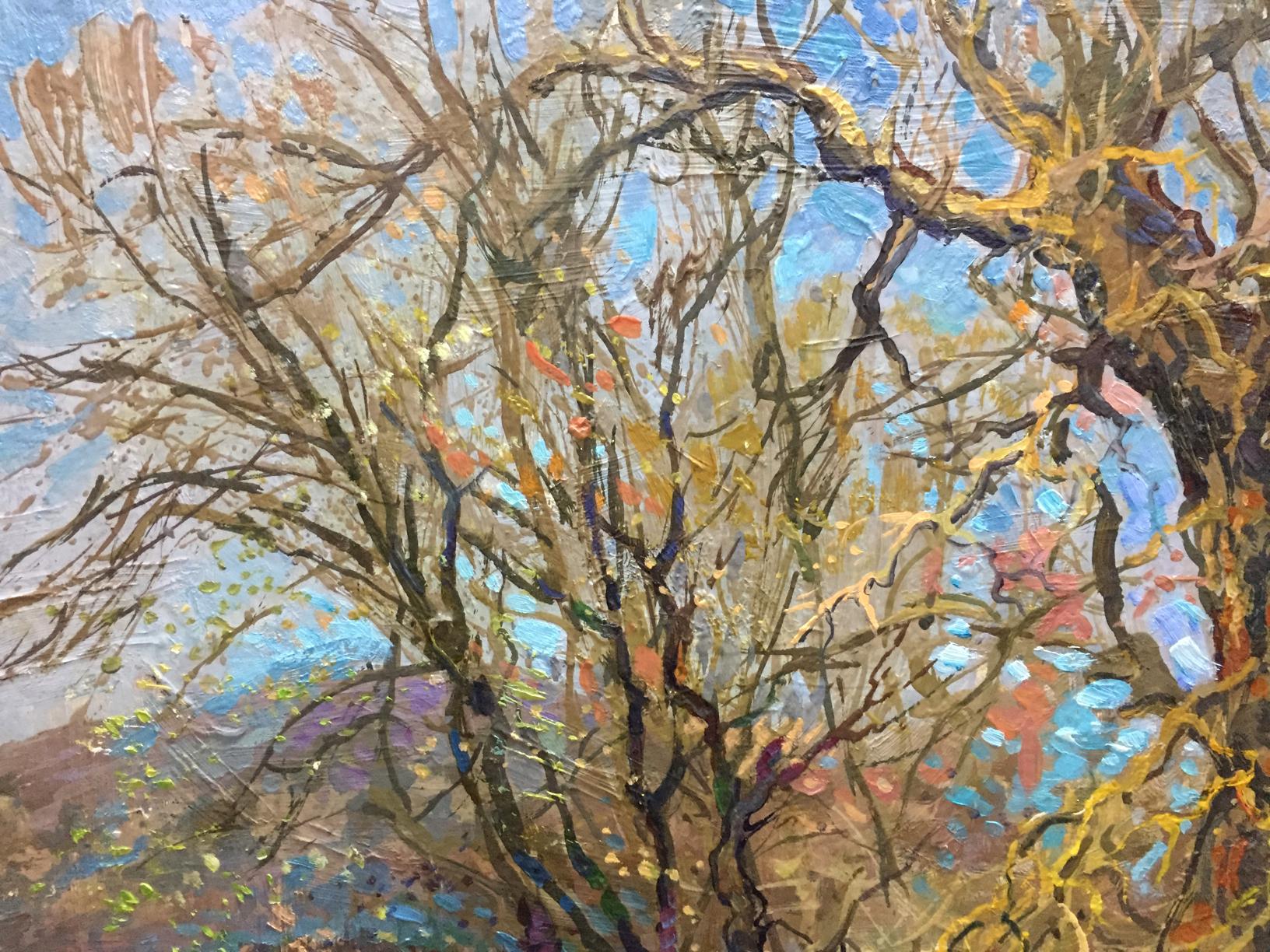 Impressionistic oil painting Golden autumn Olkhov Vladimir bare branches blue sky