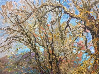 Impressionistic oil painting Golden autumn Olkhov Vladimir bare branches blue sky