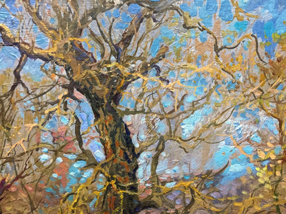 Oil painting Golden Autumn by Olkhov Vladimir: bare tree in earthy browns and yellows on blue sky