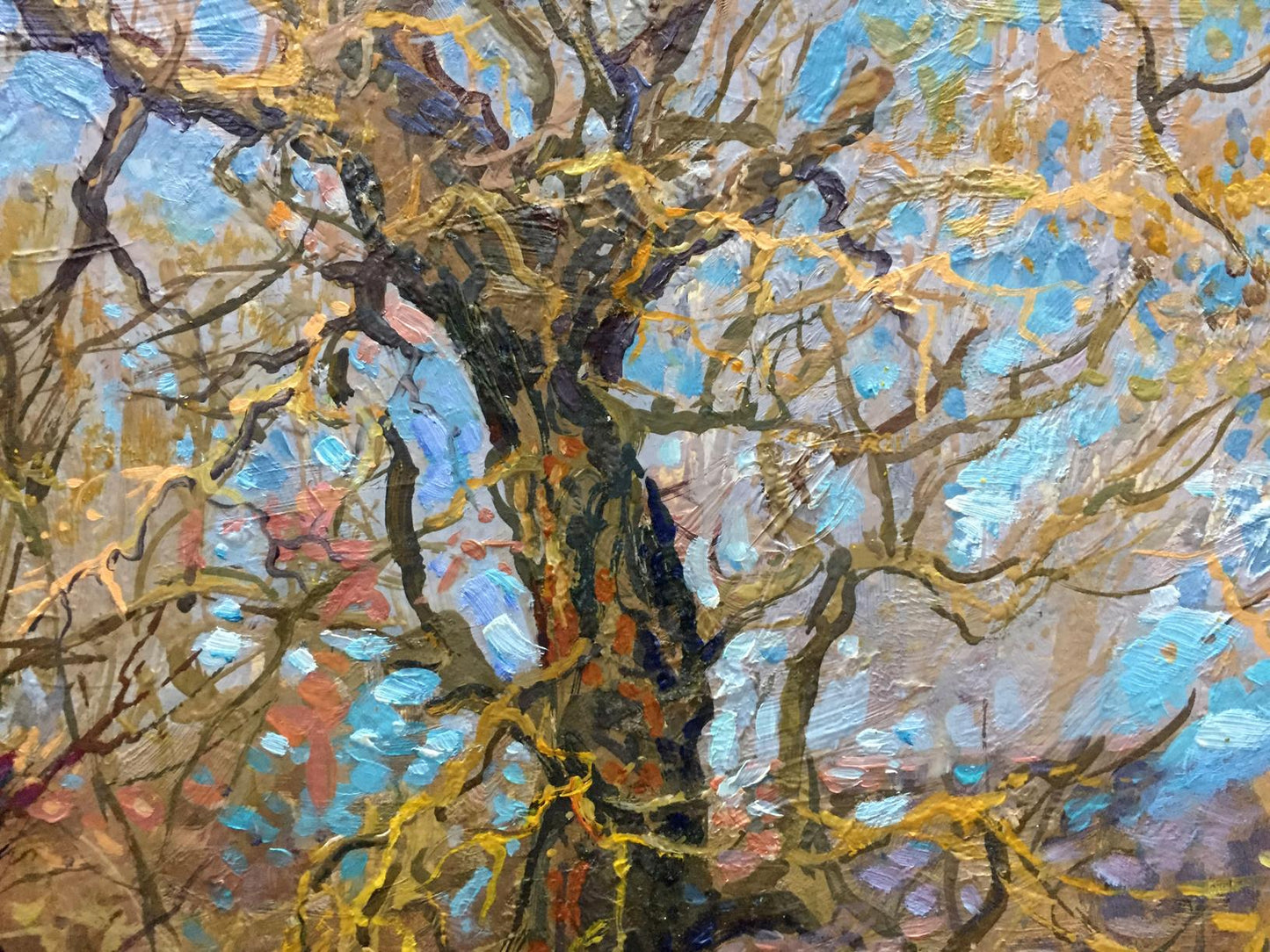 Oil painting Golden autumn Olkhov Vladimir bare tree golden accents blue sky