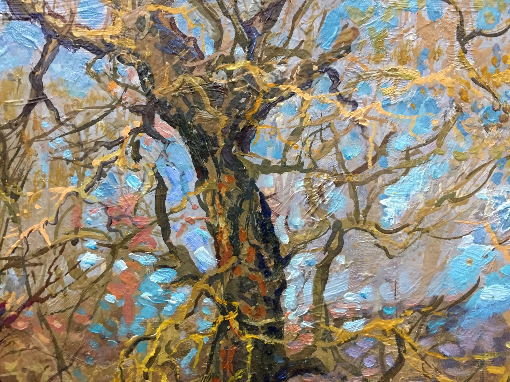 Oil painting Golden autumn Olkhov Vladimir bare tree golden accents blue sky