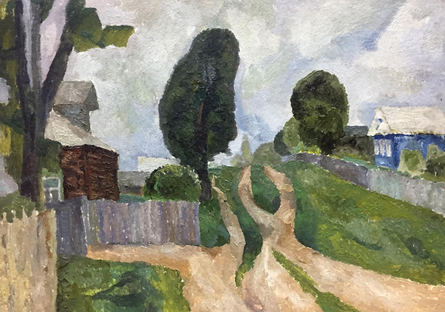 Oil painting of rustic gray wooden fence by Dulfan Lucien Veniaminovich