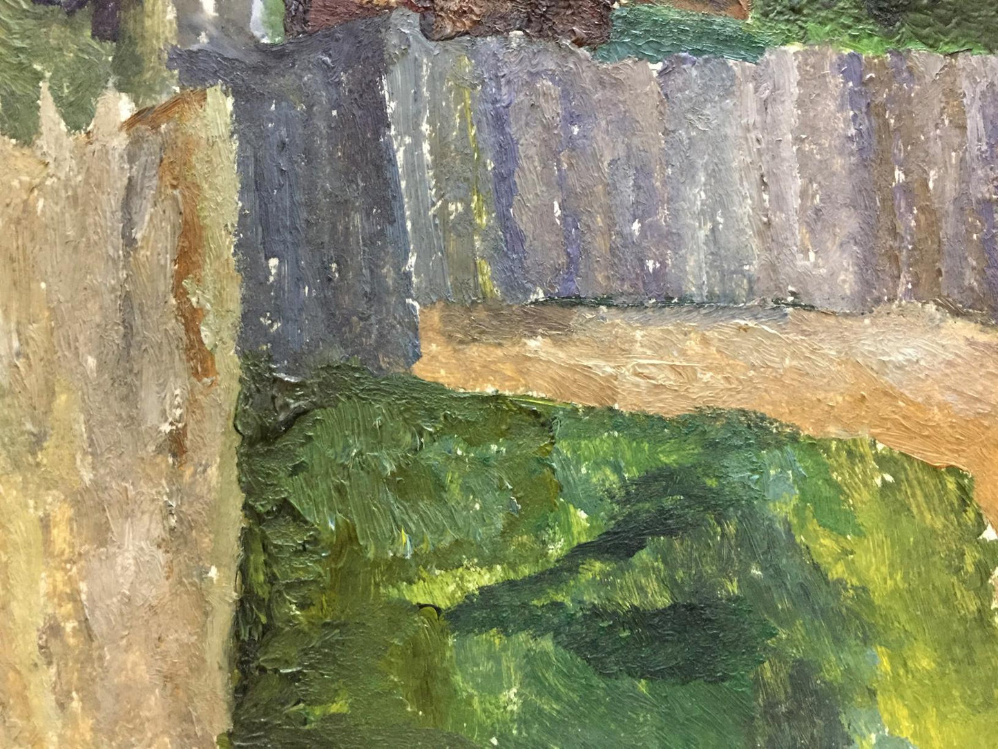 Oil painting by Dulfan Lucien Veniaminovich: rustic fence with green foliage