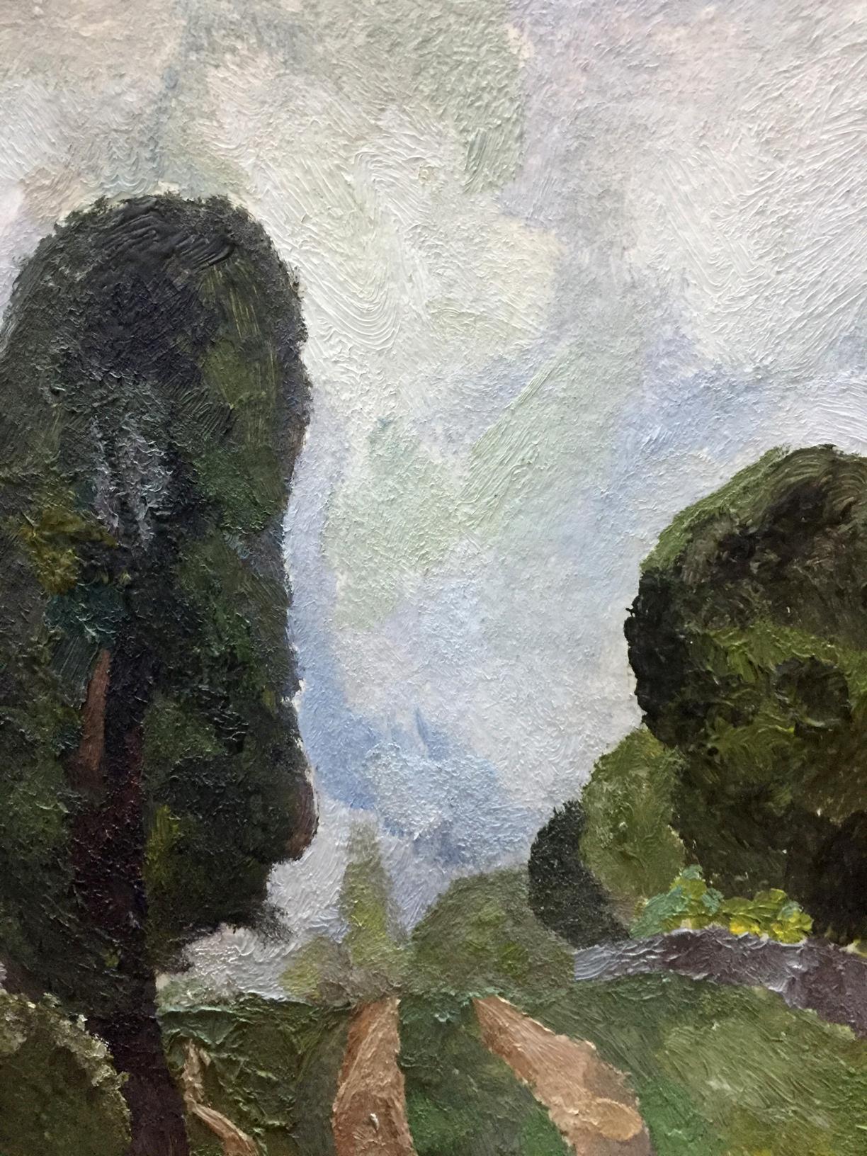 Oil painting by Dulfan Lucien Veniaminovich: dark green trees, cloudy sky