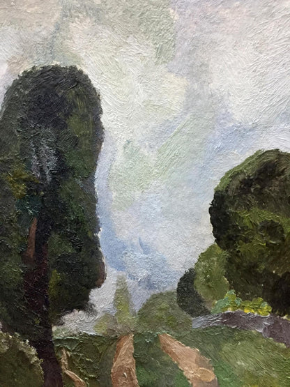 Oil painting by Dulfan Lucien Veniaminovich: dark green trees, cloudy sky