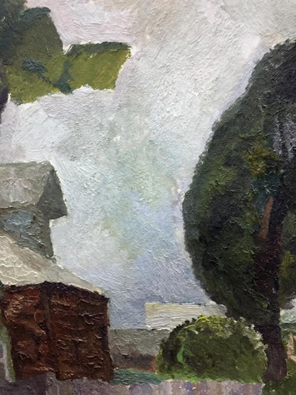 Oil painting Rural landscape Dulfan Lucien Veniaminovich rustic shed foliage sky