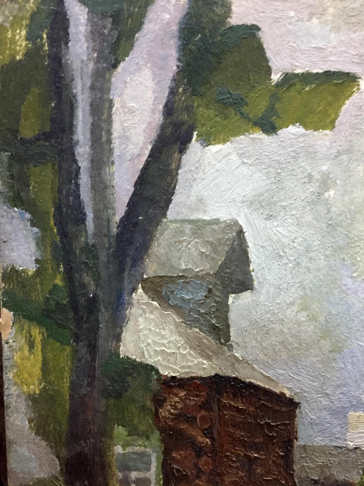 Oil painting by Dulfan Lucien Veniaminovich: tree and gray-roofed building