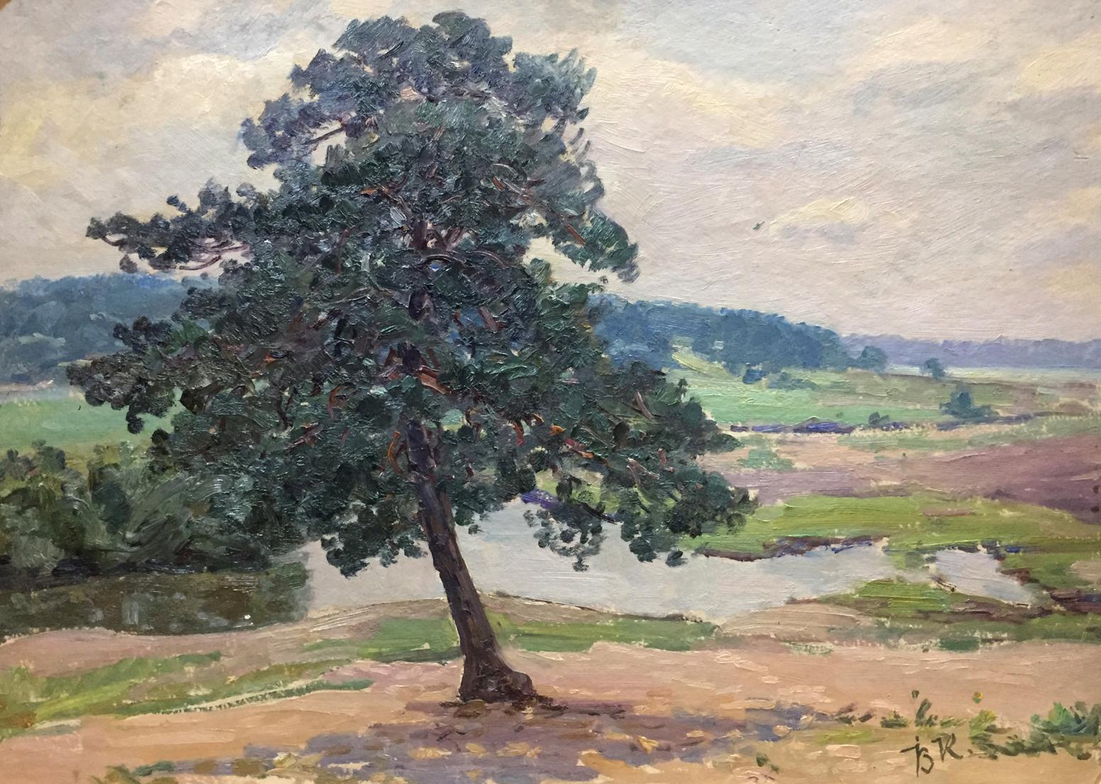 Oil painting Forest outskirts: lush dark green pine tree in impressionistic landscape