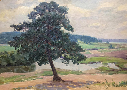 Oil painting Forest outskirts: lush dark green pine tree in impressionistic landscape