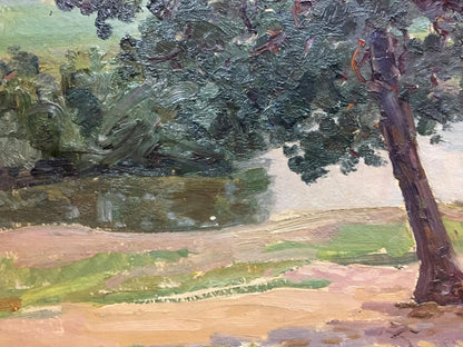 Oil painting of forest outskirts tree with dark green foliage and brown trunk