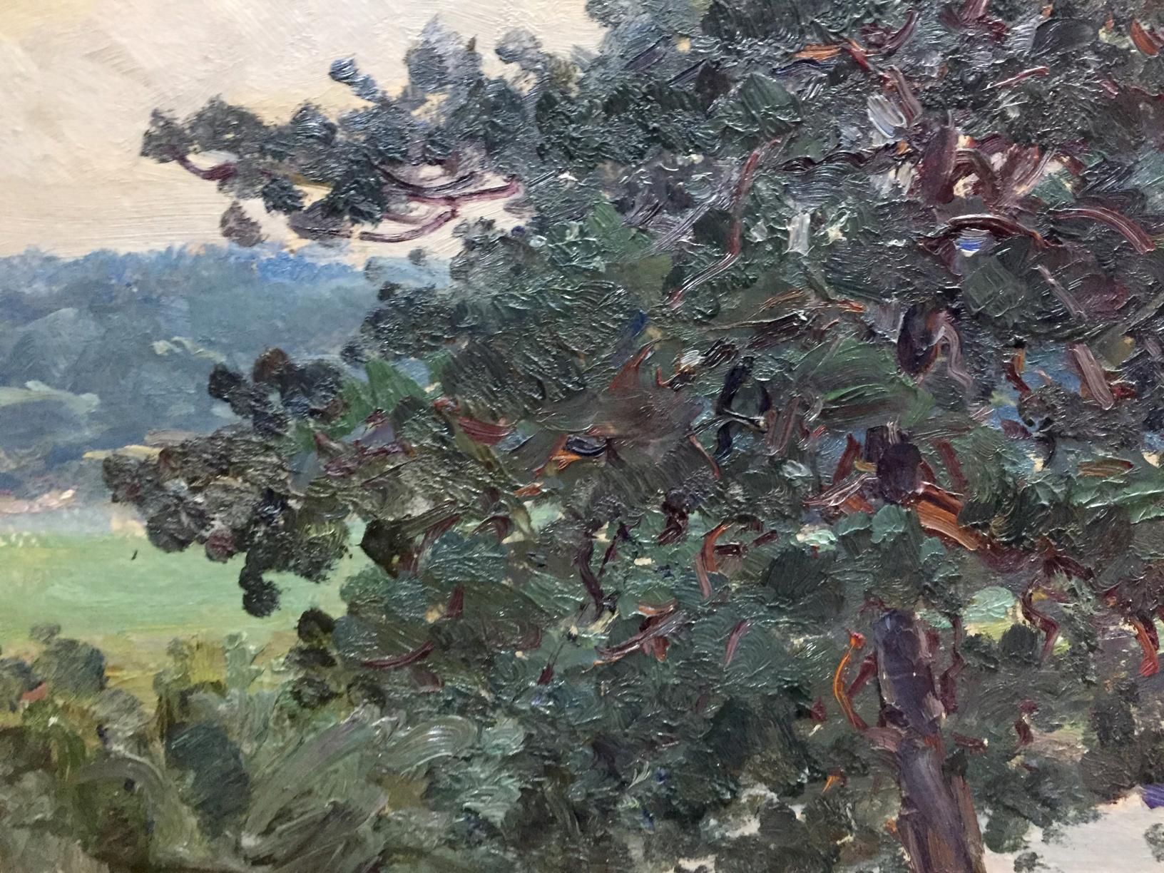 Oil painting of Forest outskirts: textured leafy tree in hazy landscape
