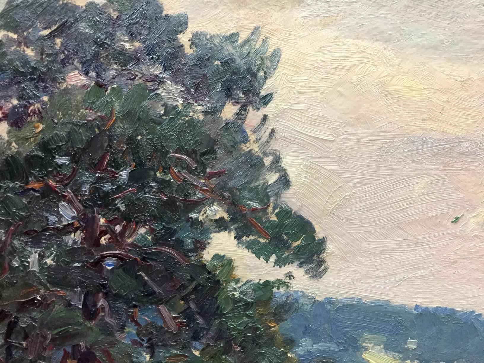 Textured oil painting of forest outskirts tree with dark green foliage