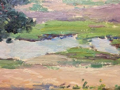 Oil painting of forest outskirts with green fields, purple beige hills, reflective water