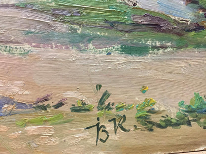 Oil painting Forest outskirts textured green beige purple landscape