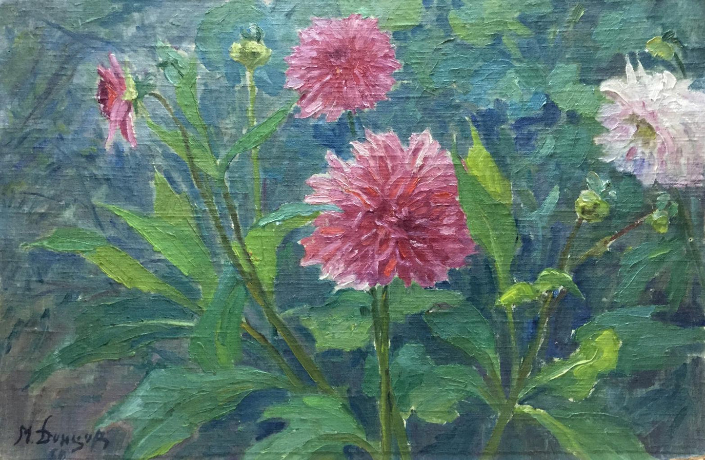 Vibrant pink dahlia oil painting by M. Dintsod with green foliage on canvas