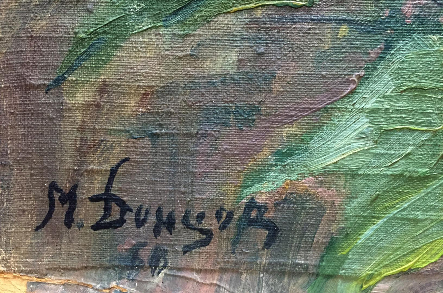 Back of Oil painting Dandelions M. Dintsod with black ink m. signature