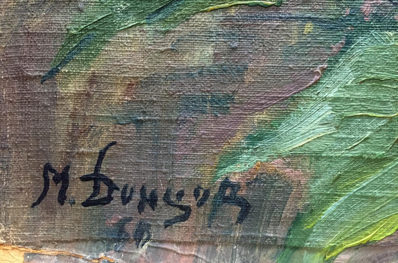 Back of Oil painting Dandelions M. Dintsod with black ink m. signature