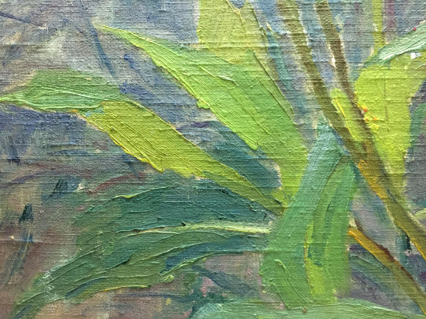 Oil painting Dandelions M. Dintsod with vibrant green textured leaves