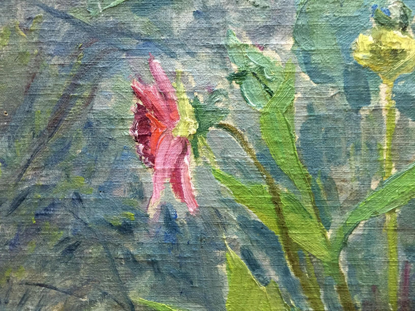 Oil painting Dandelions M. Dintsod: vibrant pink flower with green leaves
