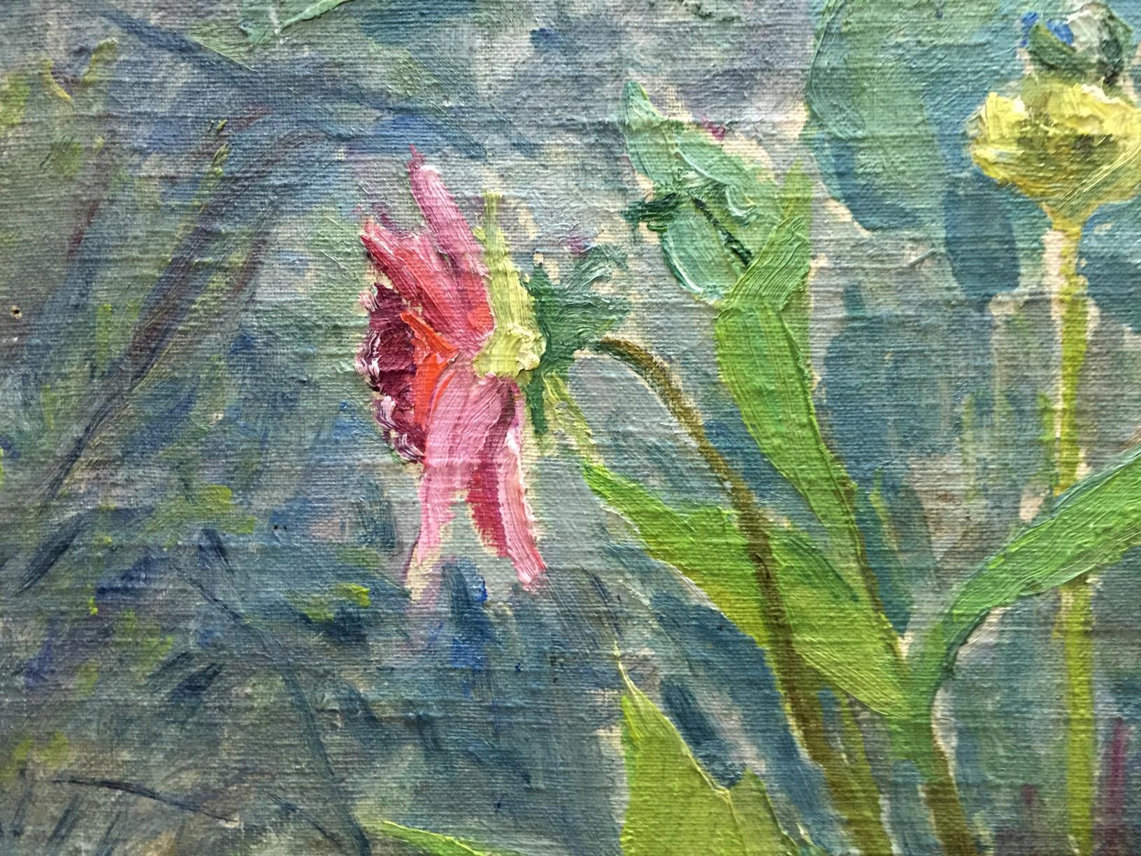 Oil painting Dandelions M. Dintsod: vibrant pink flower with green leaves