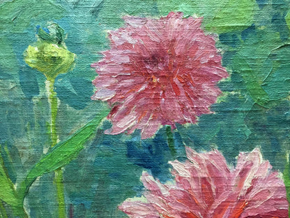 Oil painting Dandelions M. Dintsod with pink dahlias on teal
