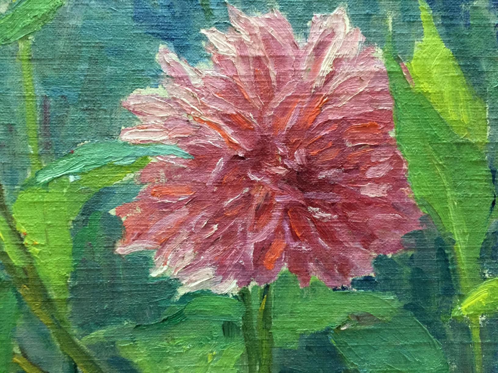 Vibrant pink dahlia oil painting by M. Dintsod with textured petals and foliage