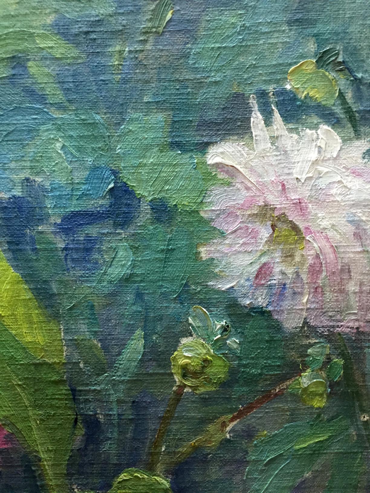 Impressionistic pink white dahlia oil painting by M. Dintsod