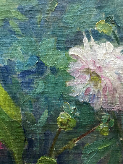 Impressionistic pink white dahlia oil painting by M. Dintsod