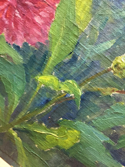 Vibrant red and green peonies oil painting by M. Dintsod on canvas