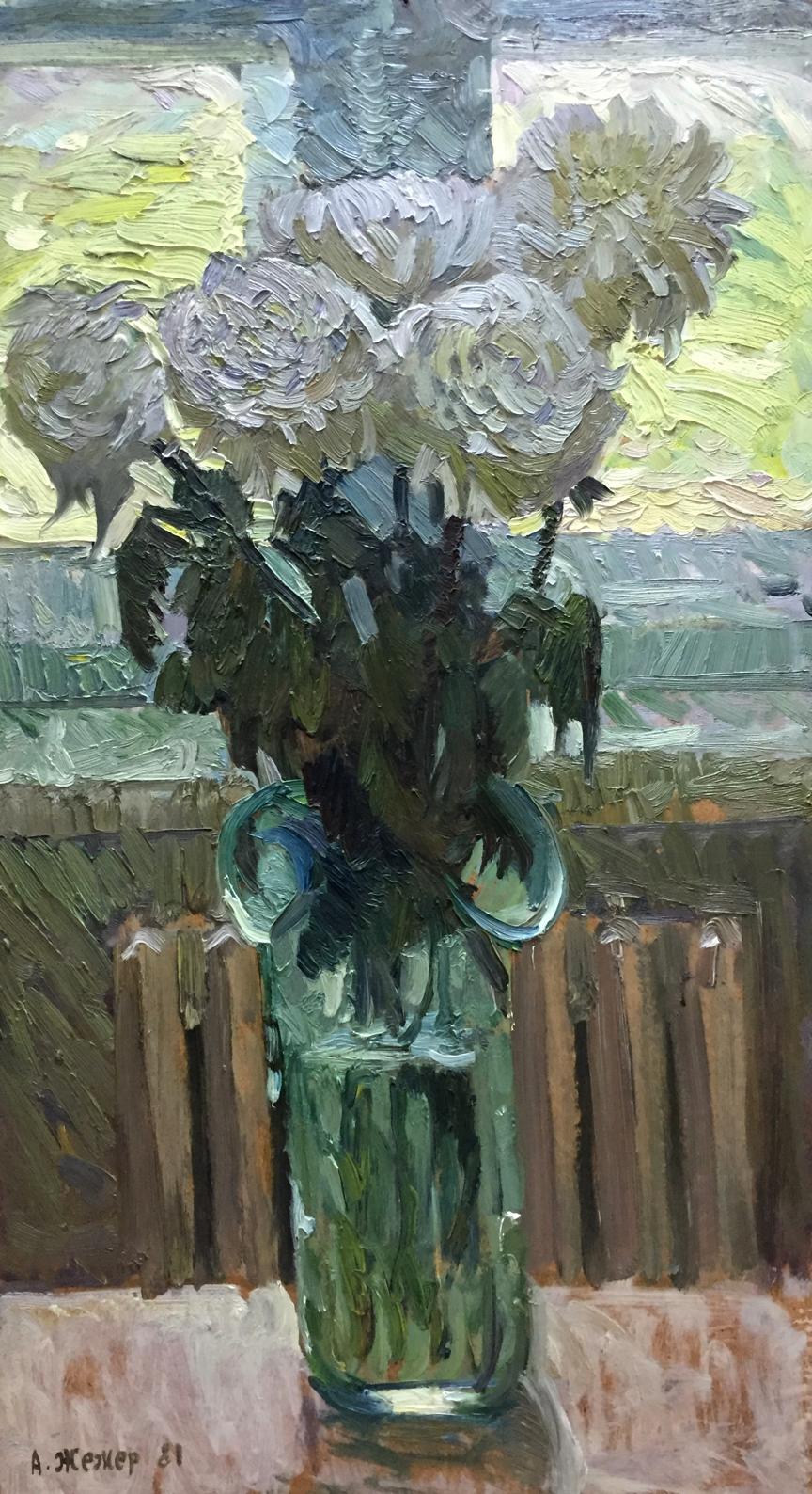 Oil painting Etude Zhezher by Anatoly Mikhailovich: green glass vase with white textured flowers