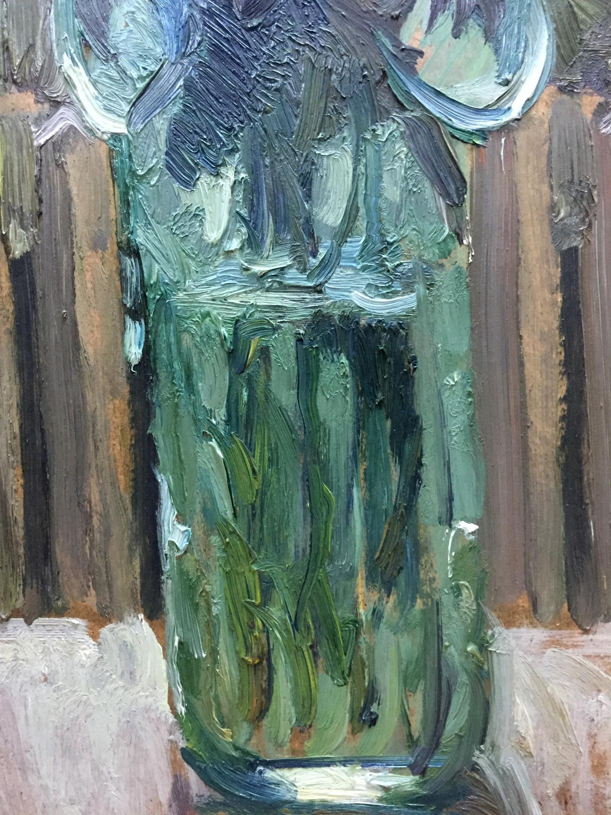 Oil painting Etude Zhezher by Anatoly Mikhailovich: textured green glass vase with foliage