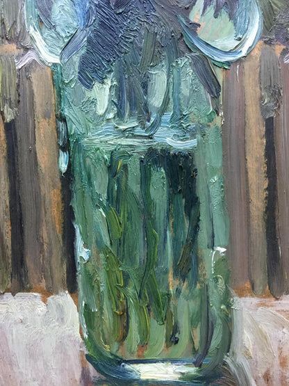 Oil painting Etude Zhezher by Anatoly Mikhailovich: textured green glass vase with foliage