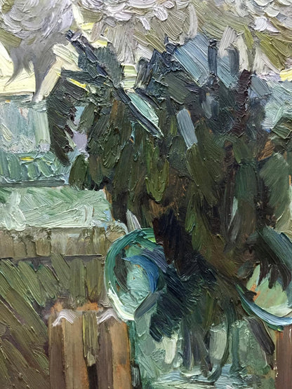 Oil painting Etude Zhezher by Anatoly Mikhailovich, textured dark green foliage