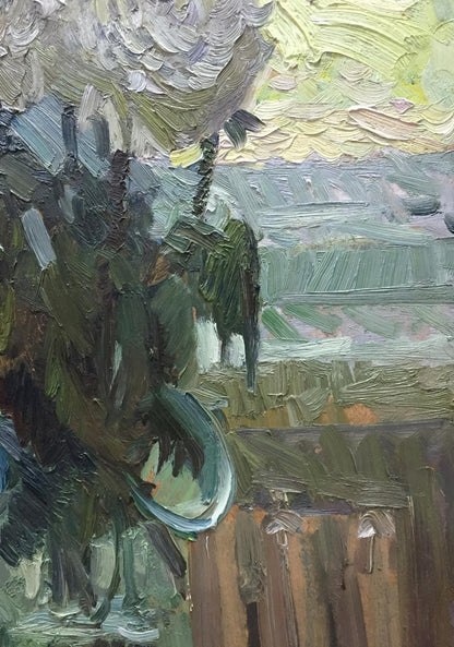 Textured oil painting Etude Zhezher by Anatoly Mikhailovich, green vase with plants