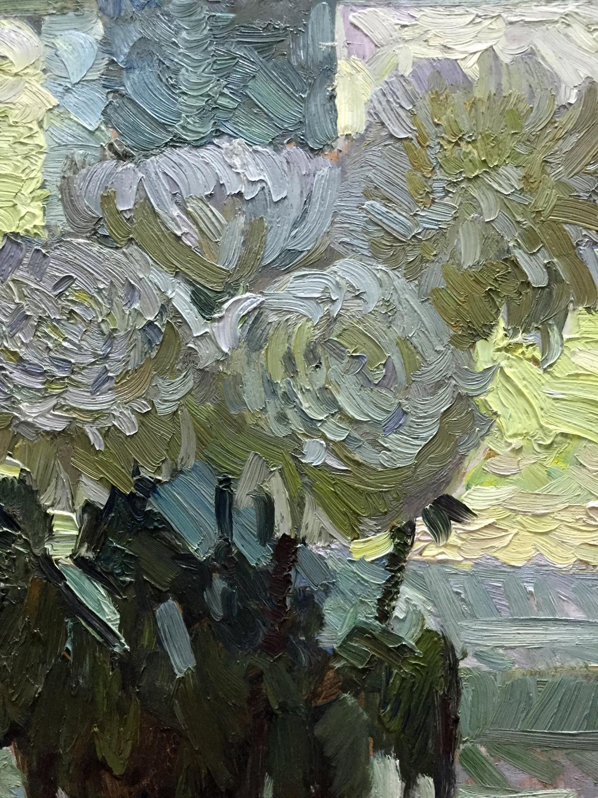 Textured oil painting Etude Zhezher by Anatoly Mikhailovich, grey green chrysanthemums
