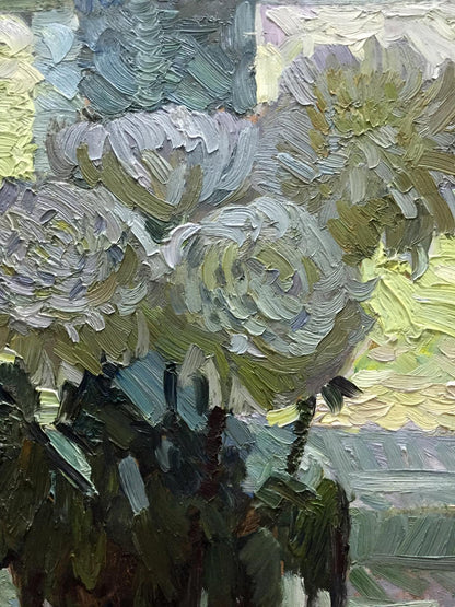 Textured oil painting Etude Zhezher by Anatoly Mikhailovich, grey green chrysanthemums