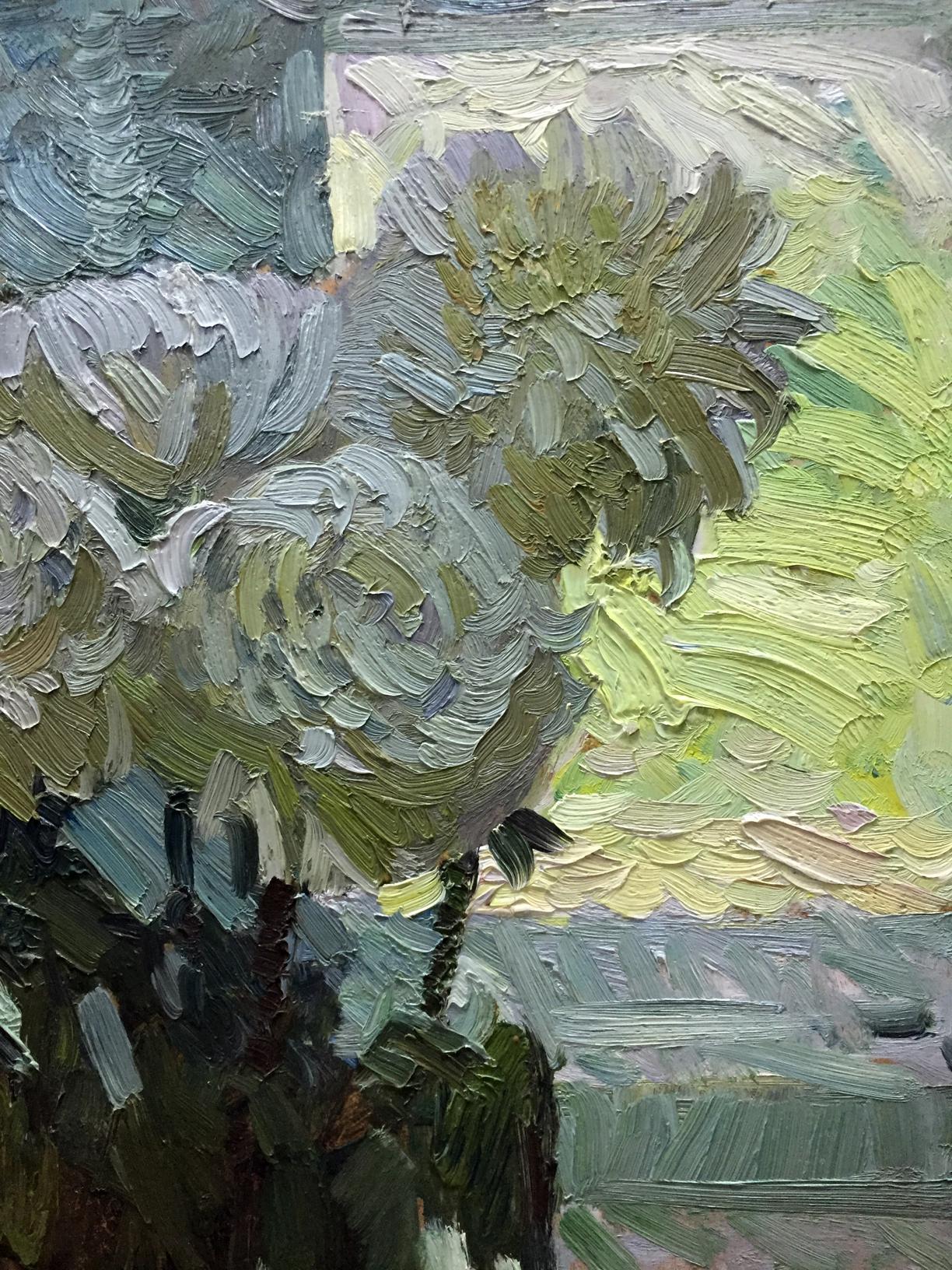 Oil painting Etude Zhezher by Anatoly Mikhailovich, lush green impasto flowers