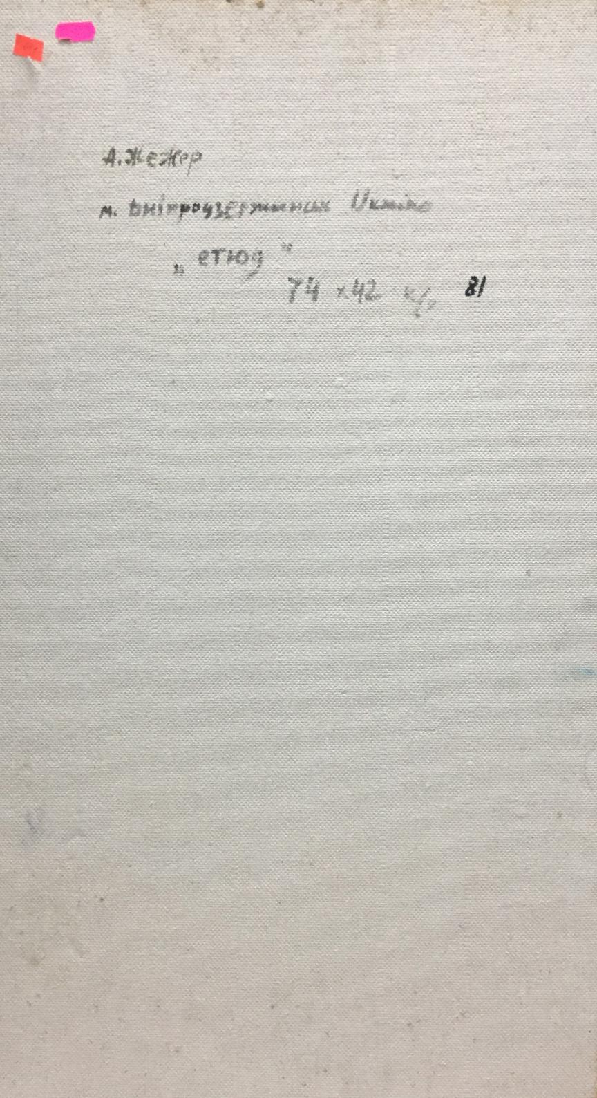 Back of Oil painting Etude Zhezher by Anatoly Mikhailovich with Cyrillic note