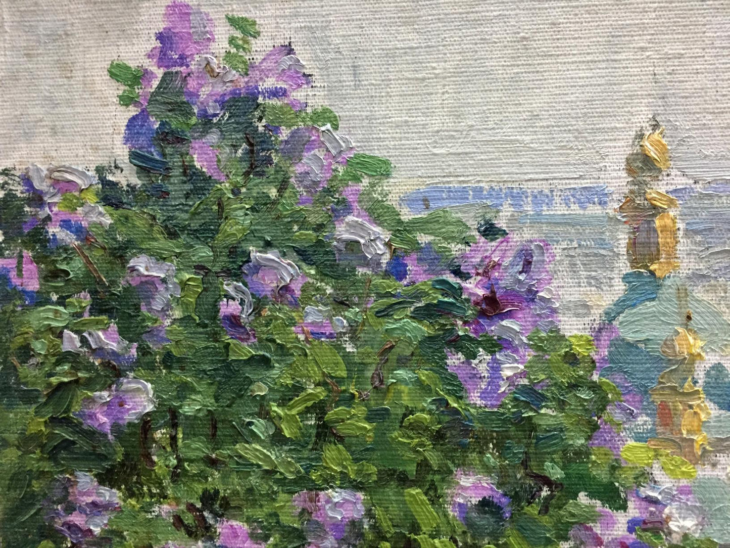 Oil painting Purple flowers Les by Tamara Semenovna, vibrant lilac blossoms
