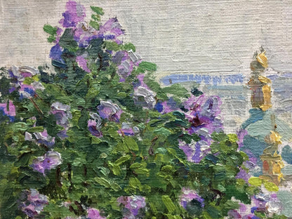 Oil painting Purple flowers Les by Tamara Semenovna, vibrant lilac blossoms