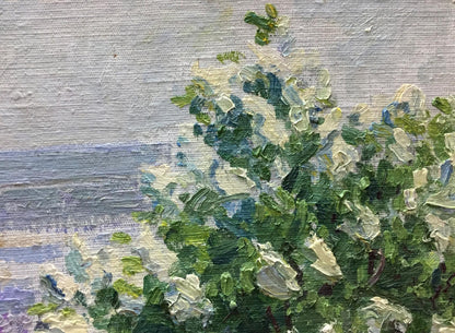 Oil painting of purple flowers Les by Tamara Semenovna with lush foliage