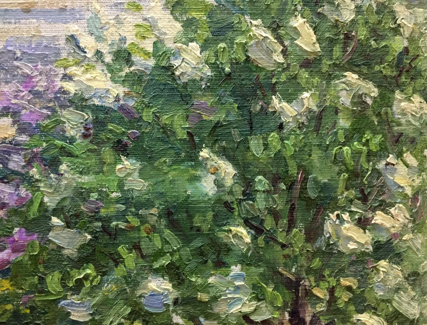 Textured oil painting of lush green bush with purple flowers by Tamara Semenovna