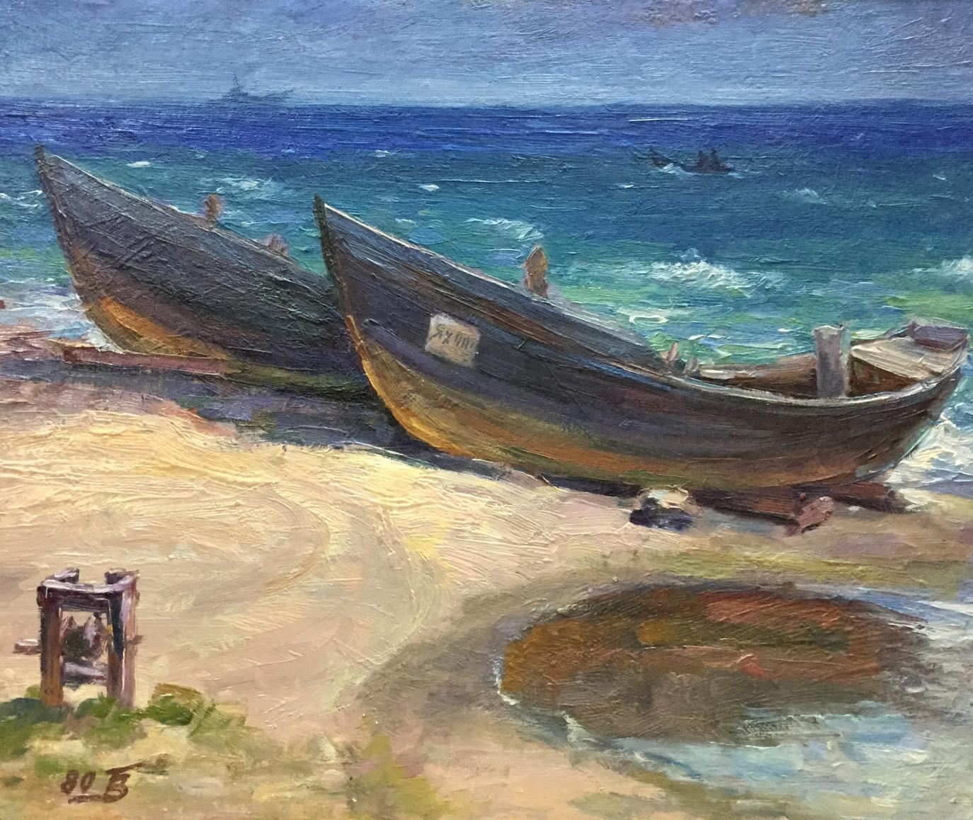 Oil painting of two weathered fishing boats by Bozhenko Vasily Artemievich