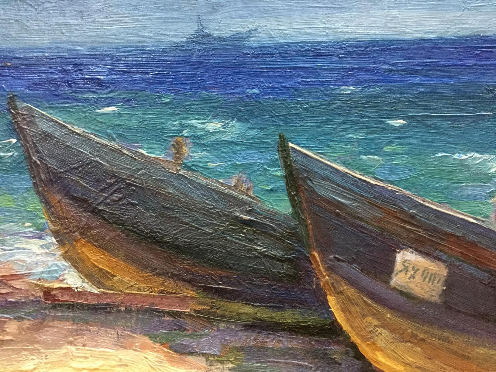 Oil painting of two weathered fishing boats on shore by Bozhenko Vasily Artemievich