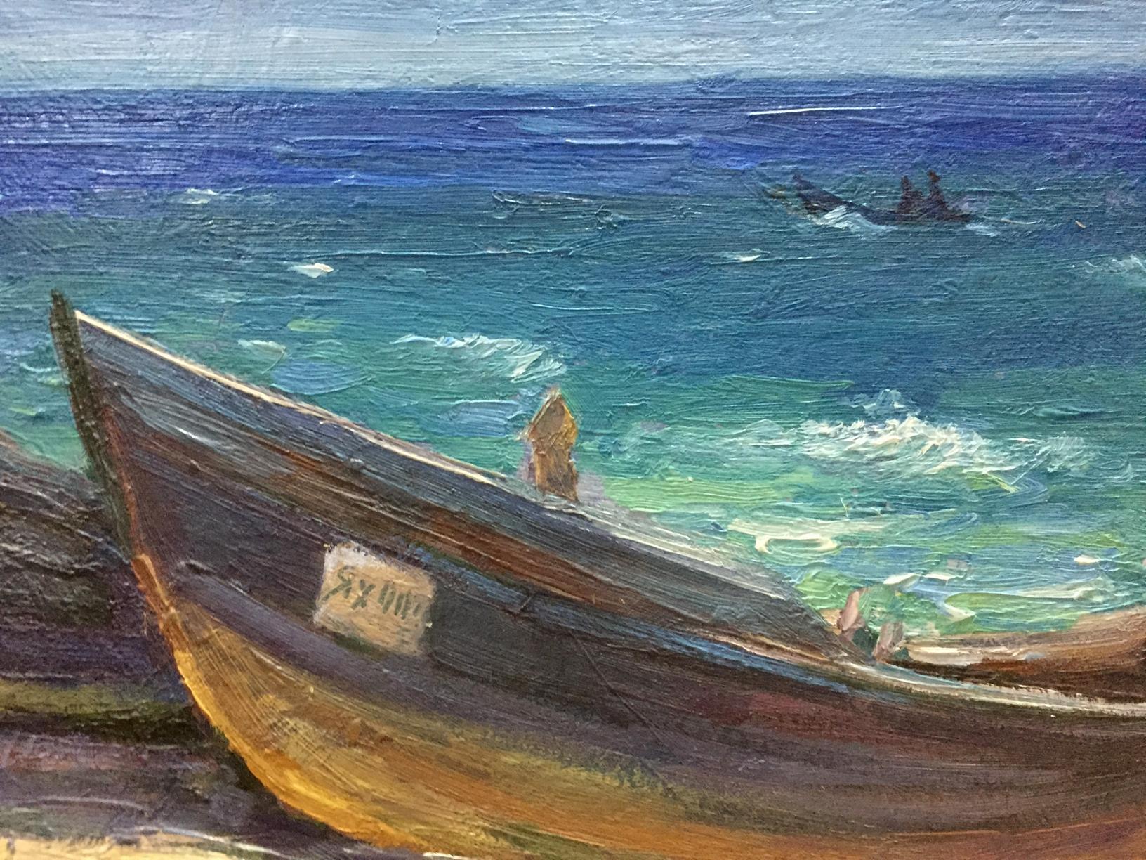 Weathered wooden rowboat by Bozhenko Vasily Artemievich near shore